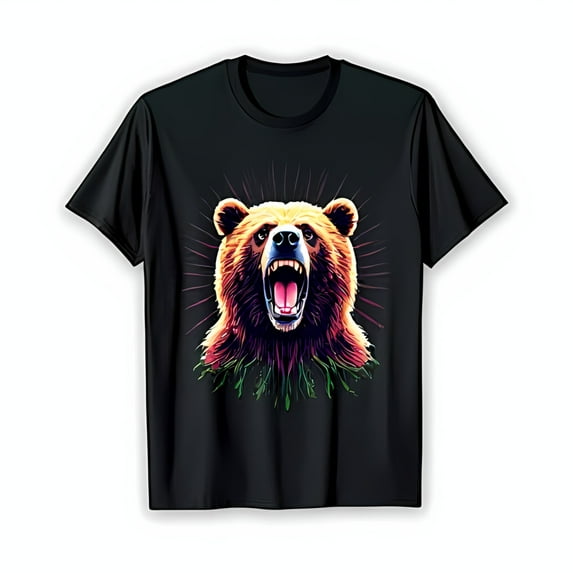 Stylish Black T-Shirt with Fierce Bear Illustration in Brown & Yellow