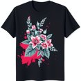 thumbnail image 1 of Stylish Black T-Shirt with Floral Chest Graphic Pink Flowers & Splatter Design, 1 of 5
