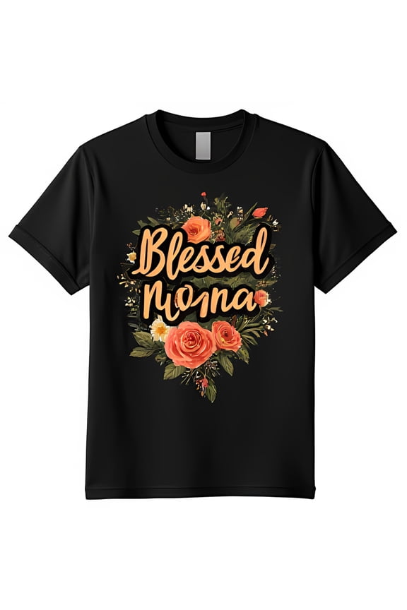Stylish Black T-Shirt with Floral Design & Blessed Momma in