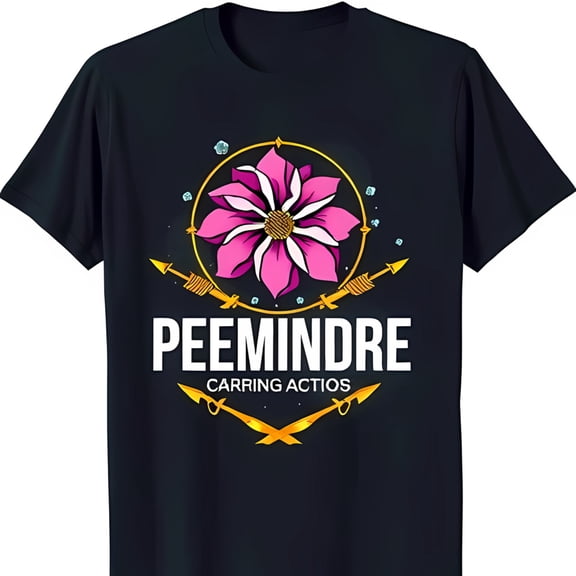 Stylish Black T-Shirt with Floral Design Pink Flower & Gold Accents