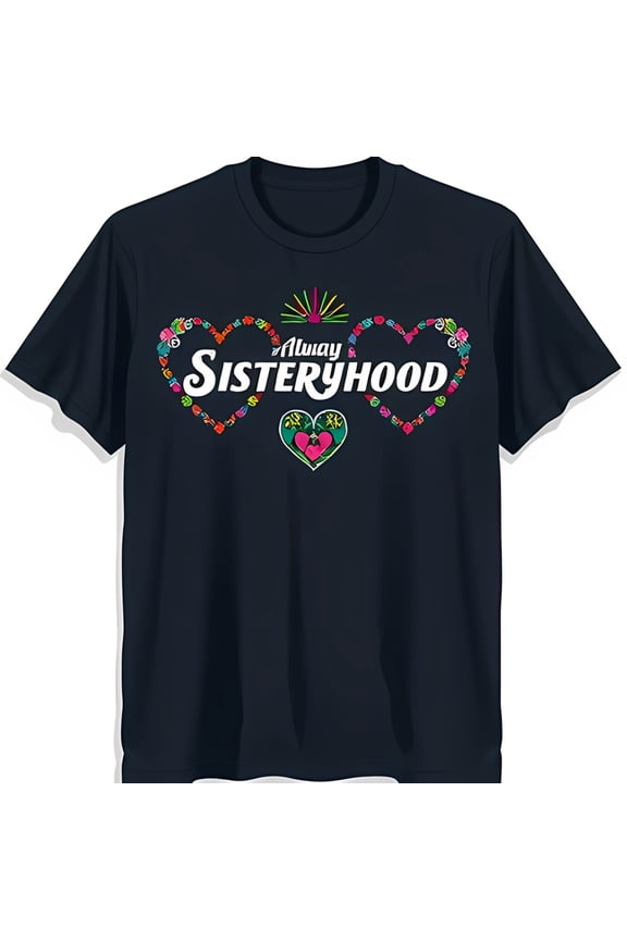 Stylish Black T-Shirt with Floral Heart Design & 'Always Sisterhood' Graphic