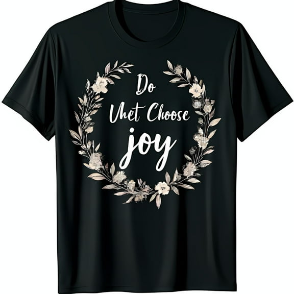 Stylish Black T-Shirt with Floral Wreath Graphic & Choose Joy
