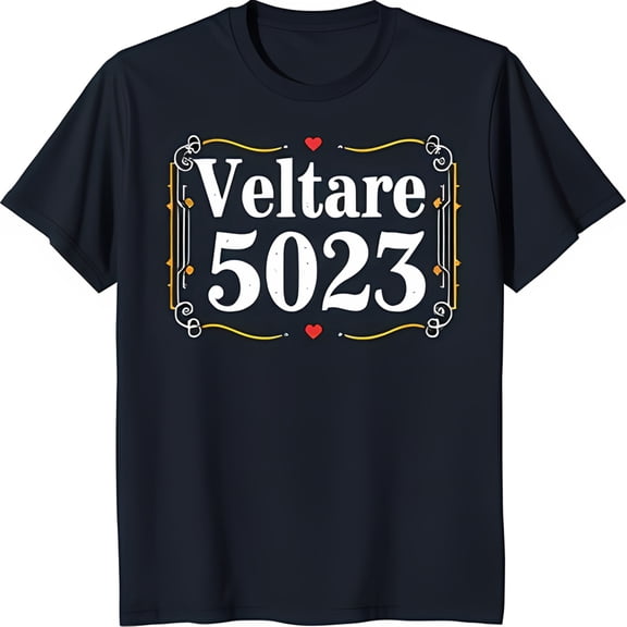 Stylish Black T-Shirt with Framed Gold & Black Graphic 'Veltare 5023' Design & Red Hearts