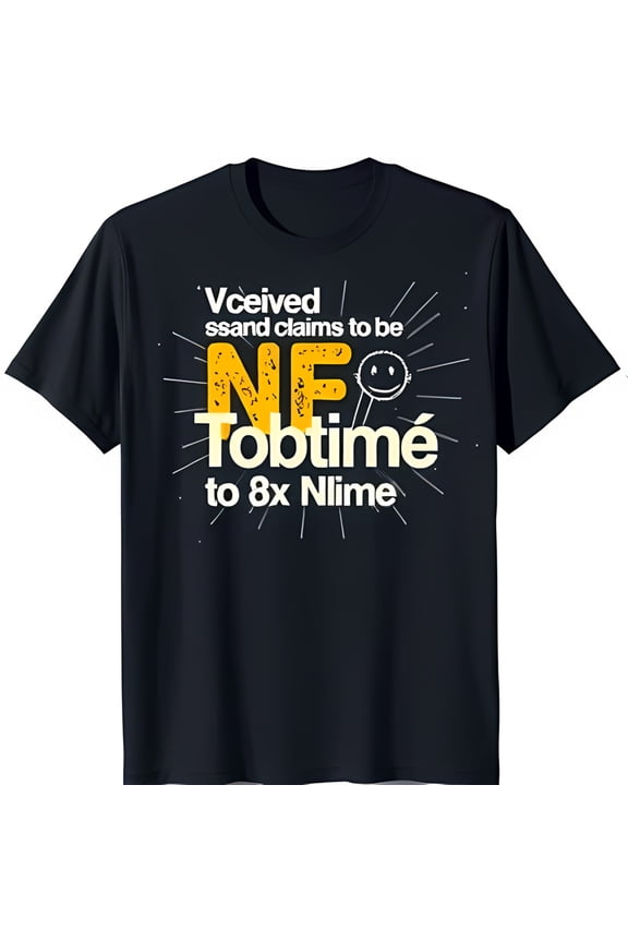 Stylish Black T-Shirt with Fun Yellow & White Slogan: 'Vceived ssand claims to be NF Tobtimé to 8x Nlime' Casual Youthful Design
