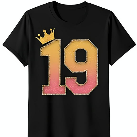 Stylish Black T-Shirt with Glittering Pink & Gold 19 Graphic and Crown Design