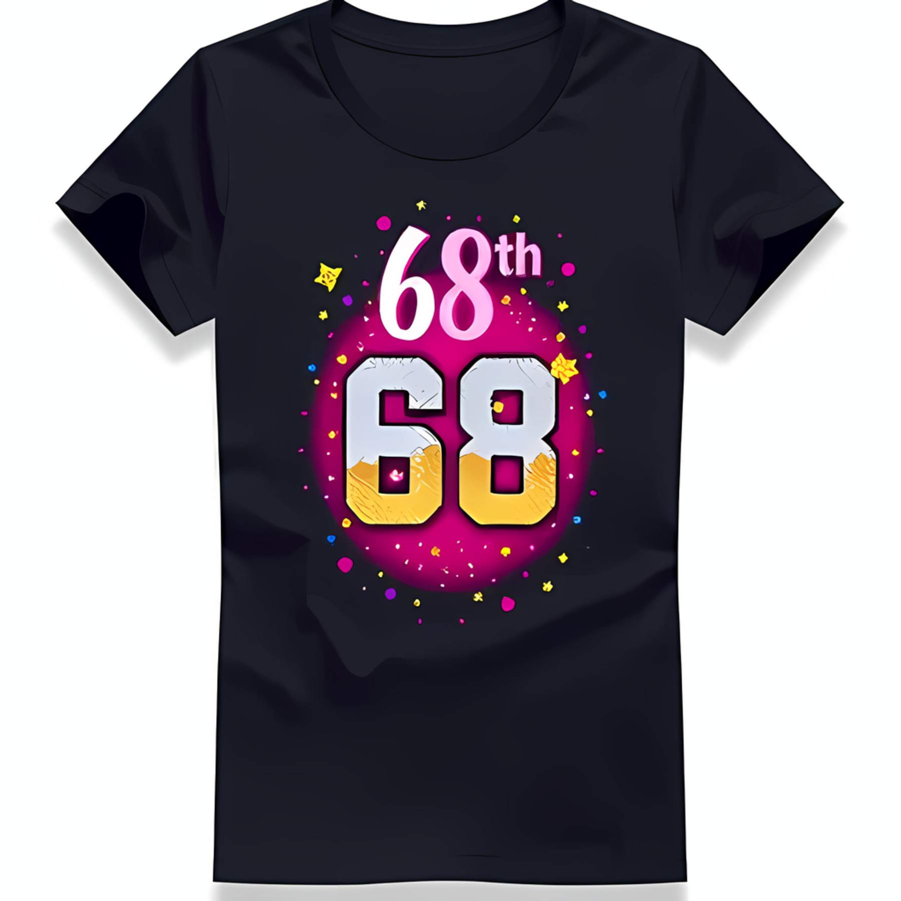 Stylish Black T-Shirt with Glittery Gold '68' Graphic & Pink Circle ...