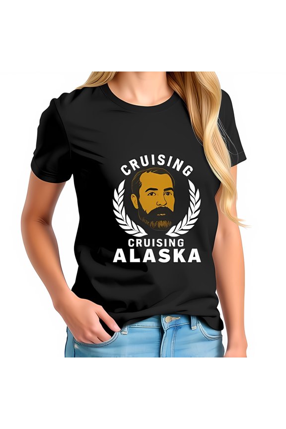 Stylish Black T-Shirt with Gold Bearded Man Graphic & Laurel Wreath - "Cruising Alaska" Adventure Tee