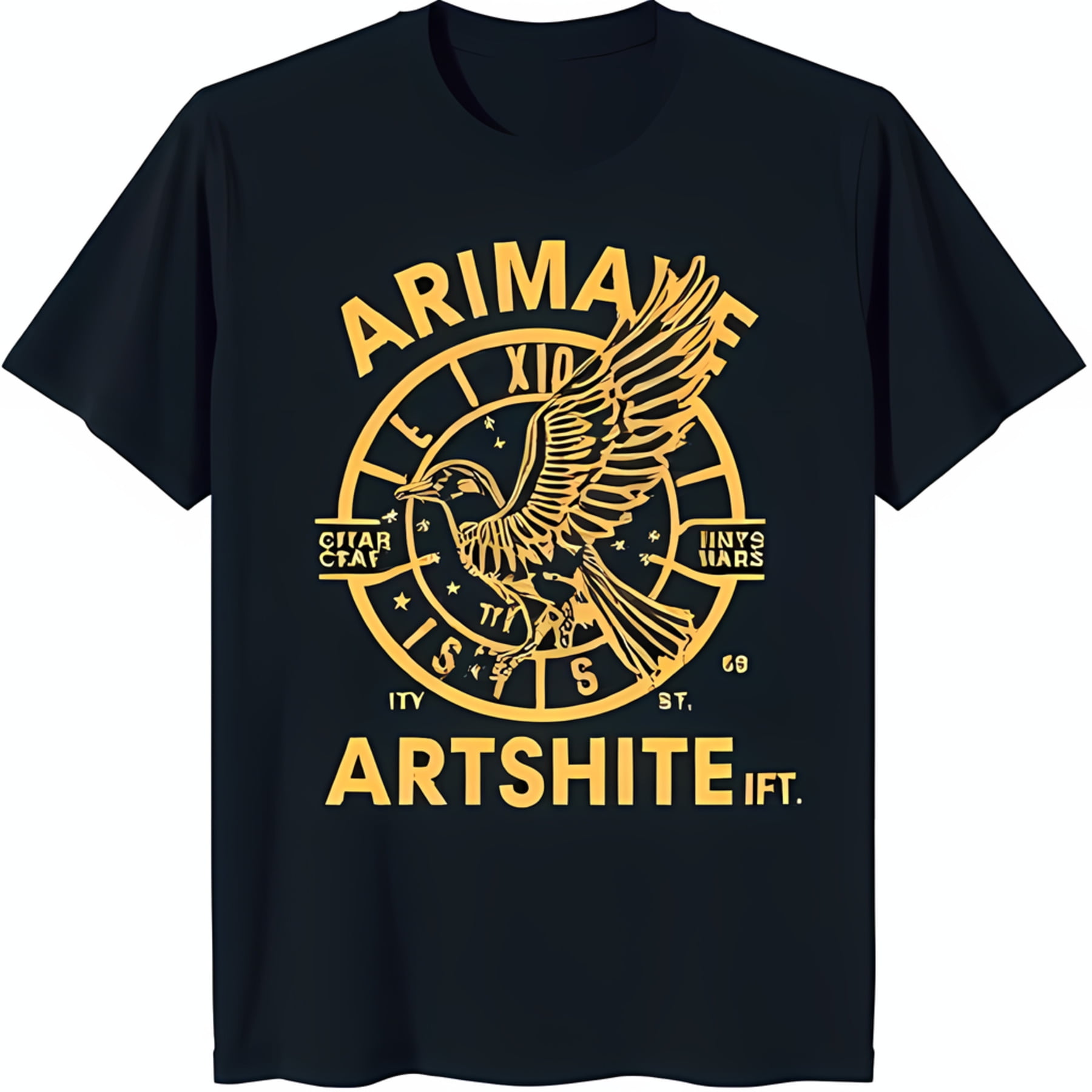 Stylish Black TShirt with Gold Bird Graphic and 'ARIMANE' Text Design
