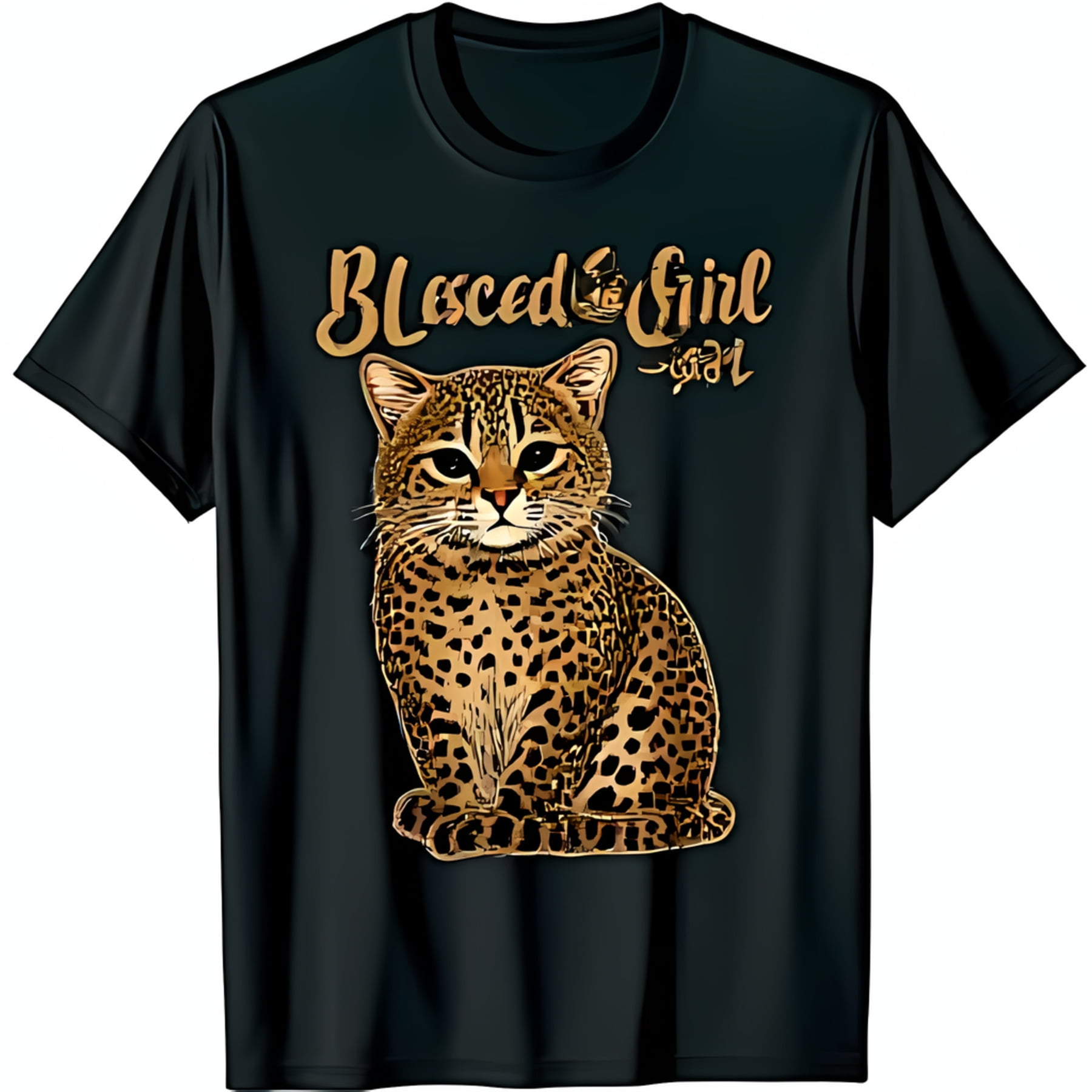 Stylish Black T-Shirt with Gold Blessed Girl Graphic & Serval Cat Design