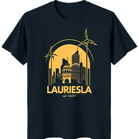 Stylish Black T-Shirt with Gold Cityscape Graphic and Windmills Design