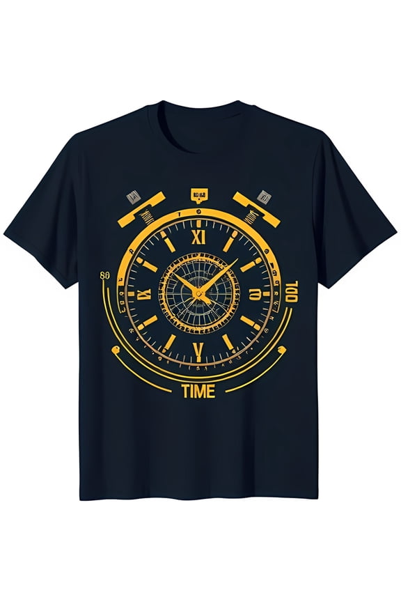 Stylish Black T-Shirt with Gold Clock Face Graphic & Text Design
