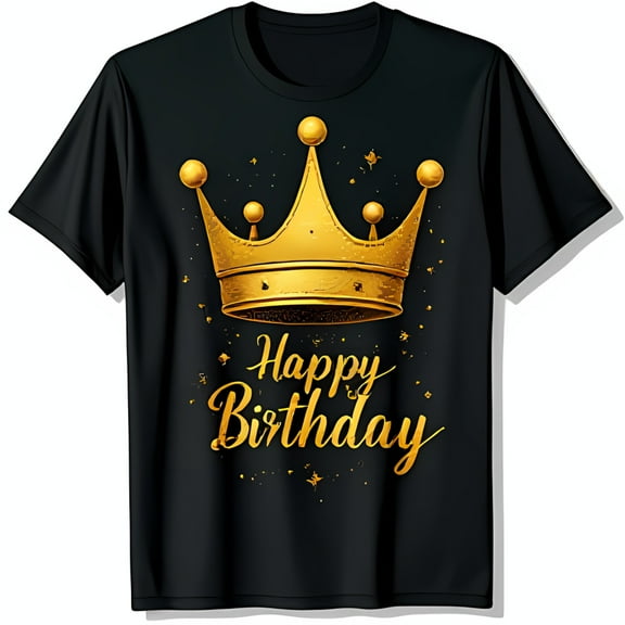 Stylish Black T-Shirt with Gold Crown Graphic & Happy Birthday Text