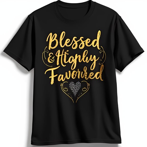 Stylish Black T-Shirt with Gold Glitter Blessed & Highly Favored Graphic