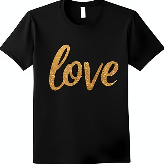 Stylish Black T-Shirt with Gold Glitter 'Love' Cursive Graphic Casual Everyday Wear