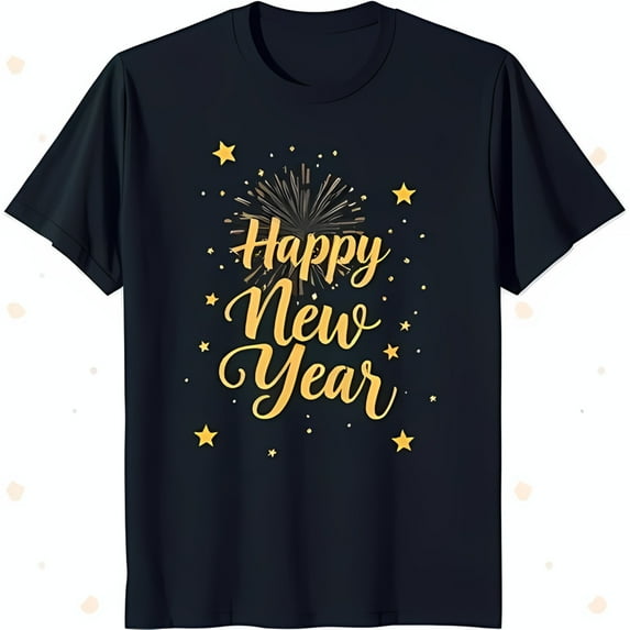 Stylish Black T-Shirt with Gold 'Happy New Year' Cursive Design