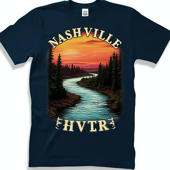 Stylish Black T-Shirt with Gold NASHVILLE Design & Vibrant River Sunset