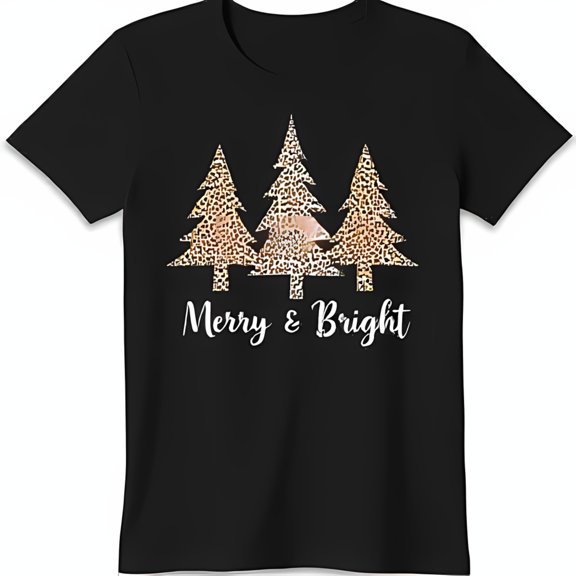 Stylish Black T-Shirt with Gold Print Christmas Trees & Merry & Bright Graphic