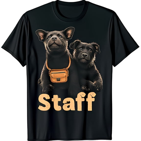 Stylish Black T-Shirt with Gold Staff Graphic and Adorable Black Dogs