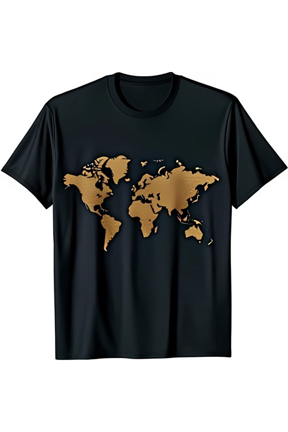 Stylish Black T-Shirt with Gold World Map Graphic Design