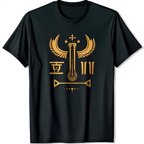 Stylish Black T-Shirt with Golden Winged Figure Graphic & Crown Design