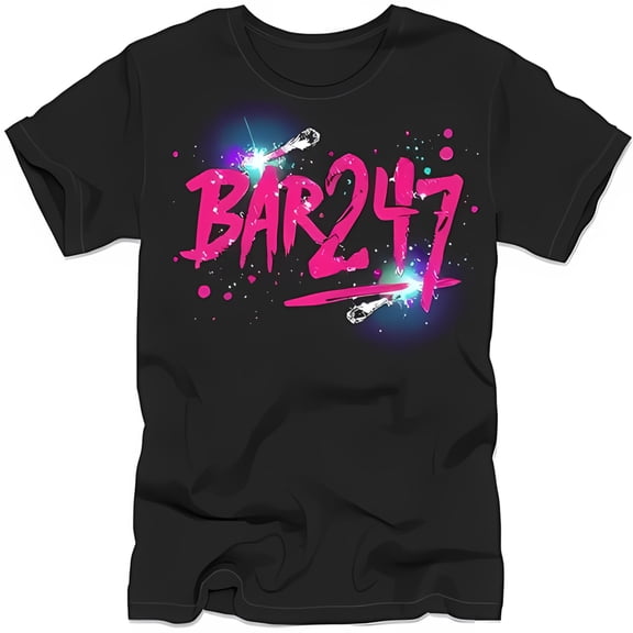 Stylish Black T-Shirt with Graffiti 'BAR247' Design in Pink & Blue Glow Effect & Splatters