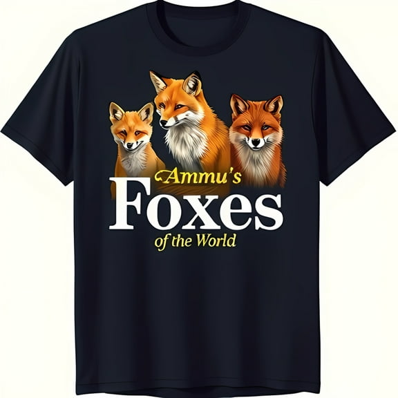 Stylish Black T-Shirt with Graphic of Three Foxes 'Amma's Foxes of the World'