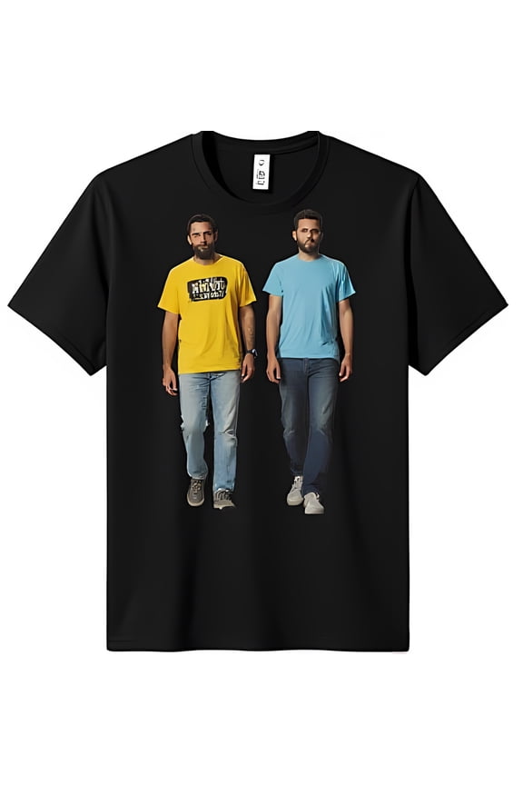 Stylish Black T-Shirt with Graphic of Two Men in Colorful Tees Casual Wear