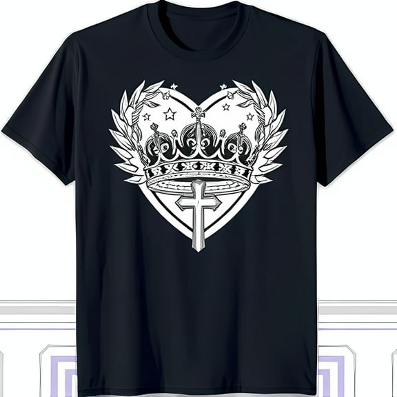 Stylish Black T-Shirt with Heart Crown and Graphic Design