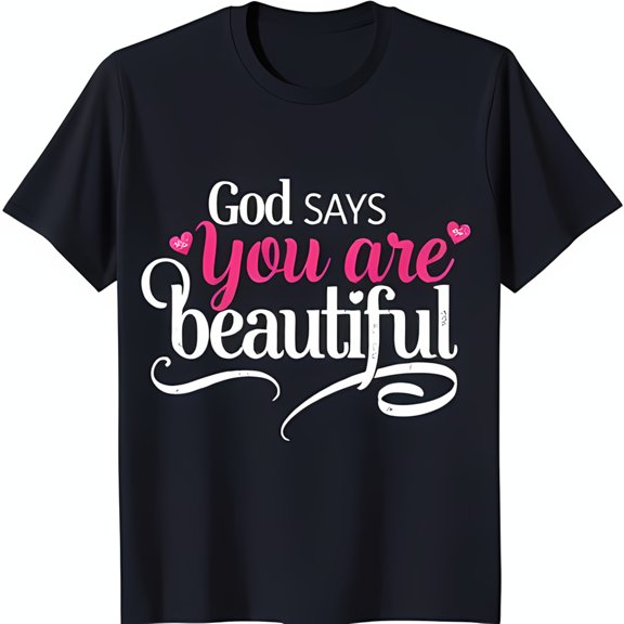 Stylish Black T-Shirt with Heart Graphic God Says You Are Beautiful