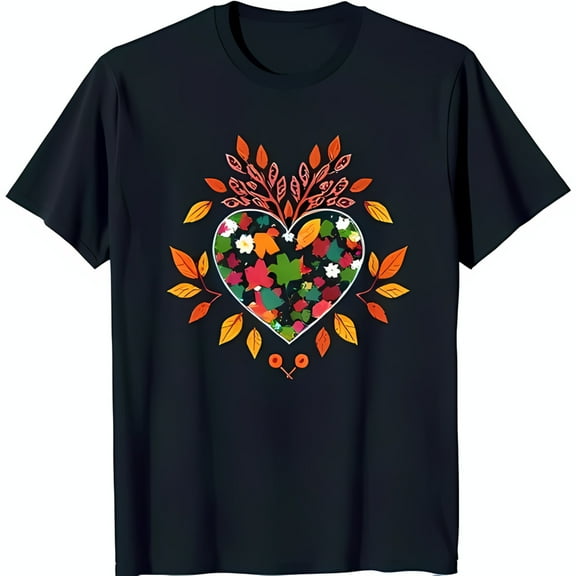 Stylish Black T-Shirt with Heart Made of Colorful Leaves & Branches