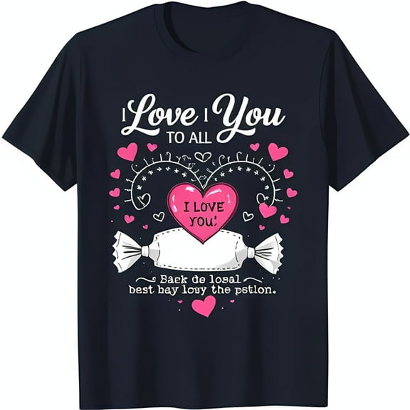 Stylish Black T-Shirt with Heart and Candy Graphic 'I Love You to All'