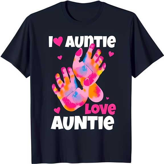 Stylish Black T-Shirt with 'I Love Auntie' Design Pink Handprints & Hearts
