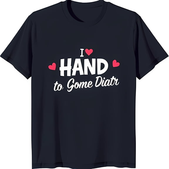 Stylish Black T-Shirt with 'I Love HAND to Gome Diatr' Graphic & Pink Hearts