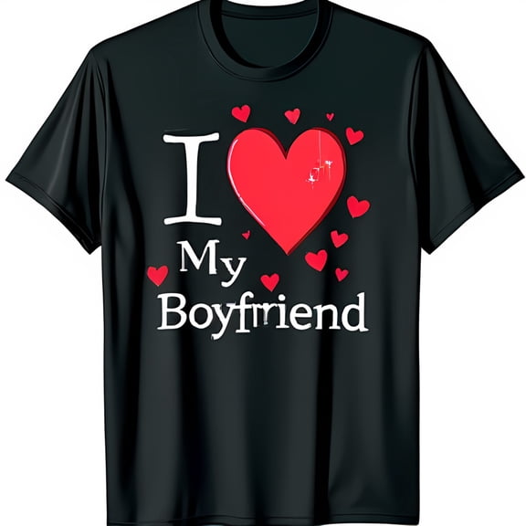 Stylish Black T-Shirt with I Love My Boyfriend Graphic & Heart Design