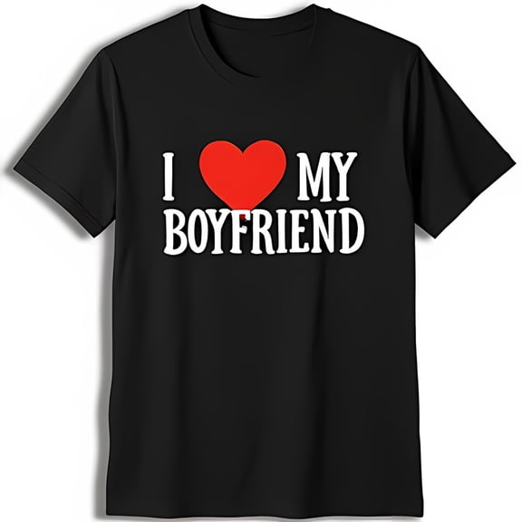 Stylish Black T-Shirt with I Love My Boyfriend Graphic & Red Heart Design