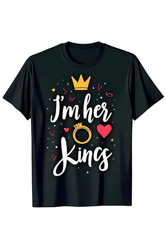 Stylish Black T-Shirt with I m Her King Graphic Gold Ring & Red Heart Design