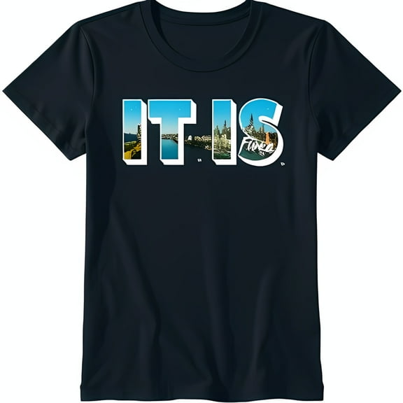 Stylish Black T-Shirt with IT IS Cityscape Graphic Design Unique Urban Art