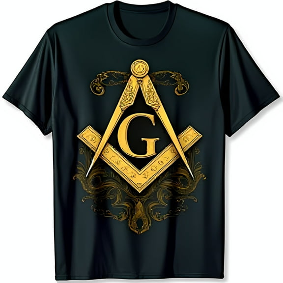 Stylish Black T-Shirt with Intricate Gold Masonic & Square Graphic