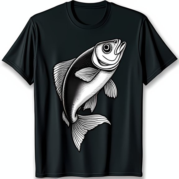 Stylish Black T-Shirt with Intricate White Line Drawing of Upward Swimming Fish