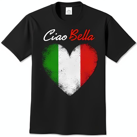 Stylish Black T-Shirt with Italian Heart Graphic & Ciao Bella Print
