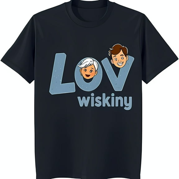 Stylish Black T-Shirt with 'LOV' Graphic & Cartoon Faces Trendy Neck