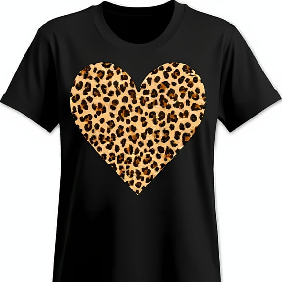 Stylish Black T-Shirt with Large Print Heart Casual Short Sleeve Tee