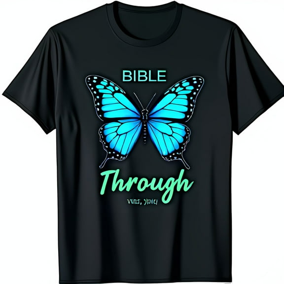Stylish Black T-Shirt with Light Blue Butterfly Graphic & BIBLE THROUGH Text