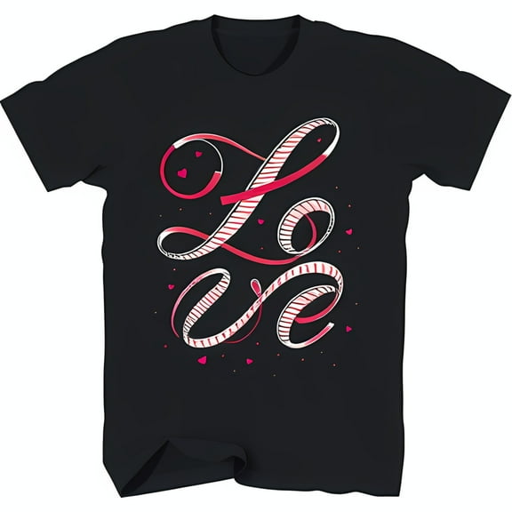 Stylish Black T-Shirt with 'Love' Graphic in Red & White Stripes Hearts