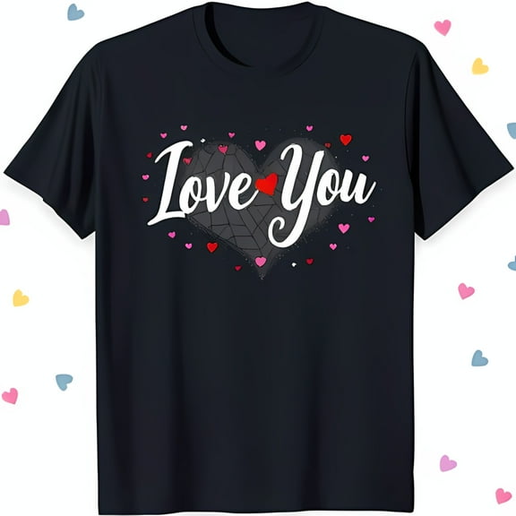 Stylish Black T-Shirt with 'Love You' Heart Graphic & Colorful Accents
