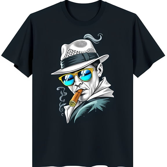 Stylish Black T-Shirt with Modern Chest Graphic: Cool Man & Cigar Design