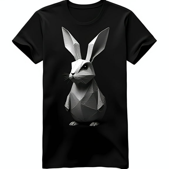 Stylish Black T-Shirt with Modern Geometric Rabbit Chest Graphic Design