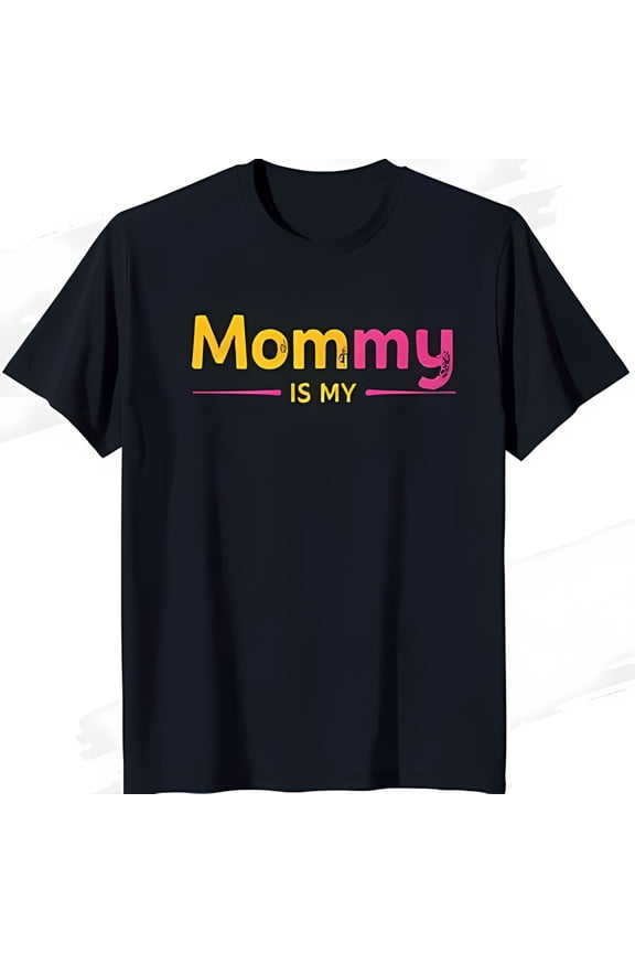 Stylish Black T-Shirt with 'Mommy is my' Graphic in Yellow & Pink Gradient