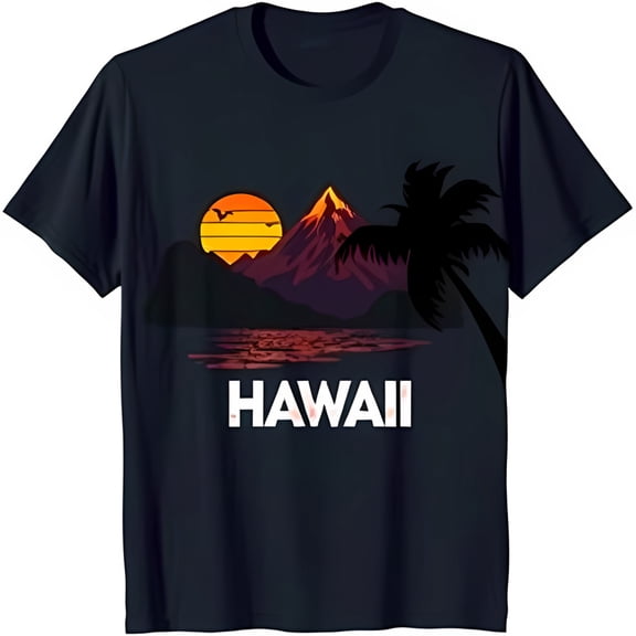 Stylish Black T-Shirt with Mountain and Tree Sunset Graphic HAWAII Design