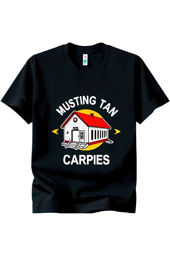 Stylish Black T-Shirt with 'Musting Tan Carpies' Graphic & Red Roof House Design Size Medium